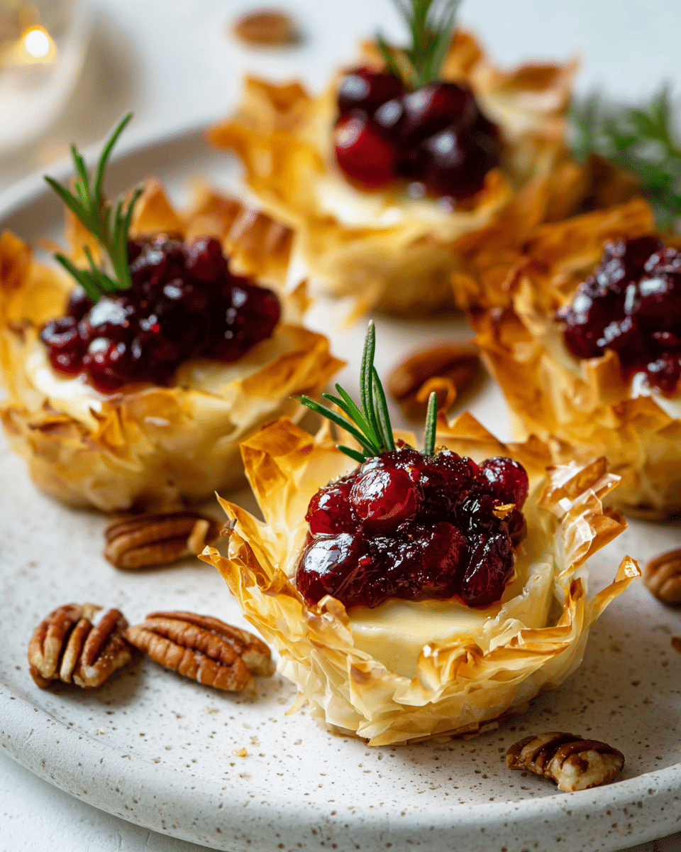 Camembert & Cranberry Phyllo Cups topped with cranberry sauce and rosemary sprigs.