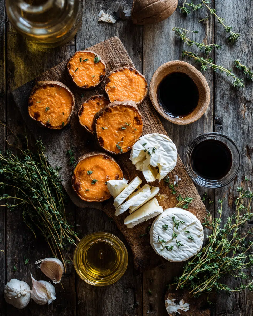 Ingredients for caramelized sweet potato brie bites on table