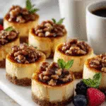 Pecan crème brûlée cheesecake minis served with berries and coffee