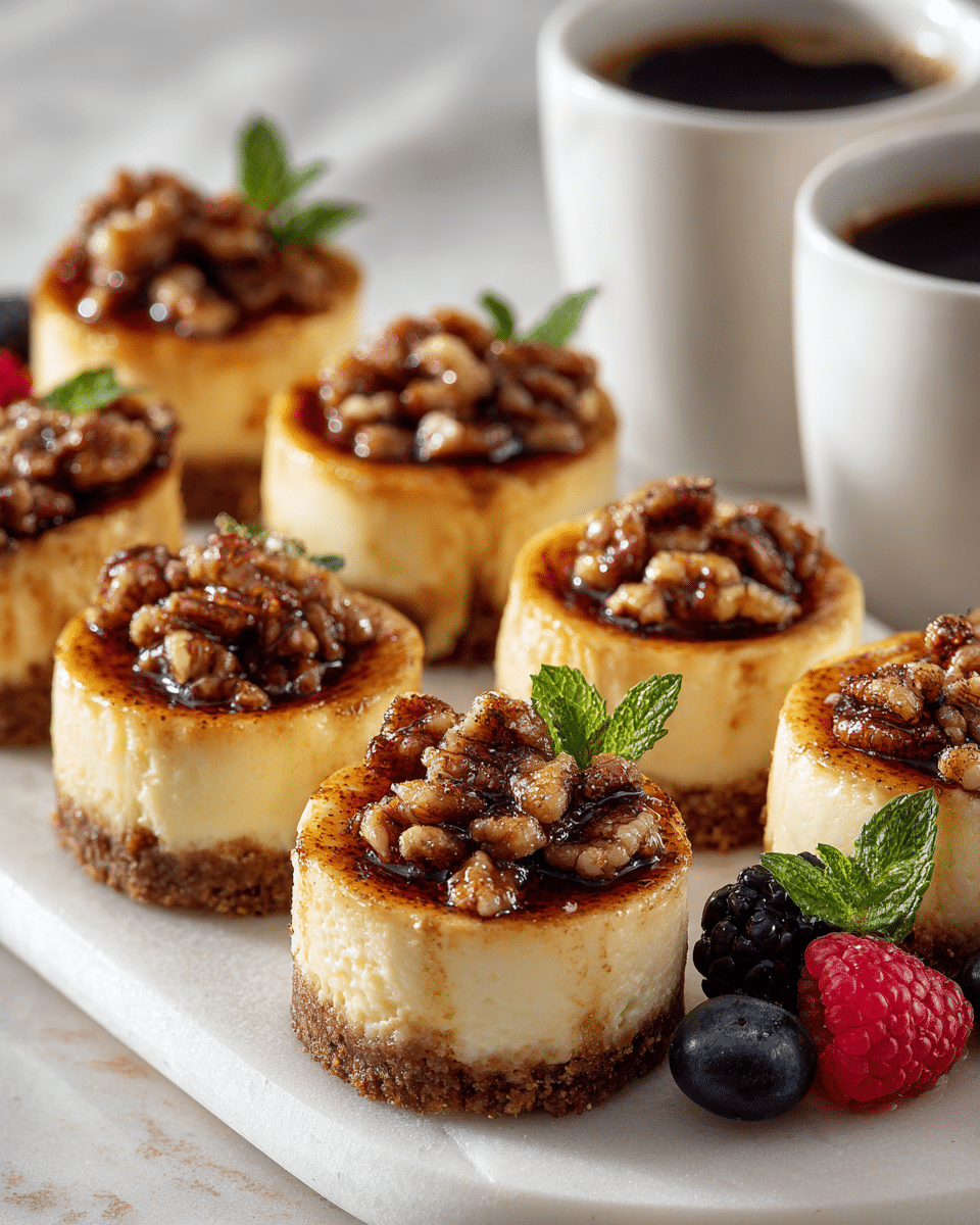 Pecan crème brûlée cheesecake minis served with berries and coffee