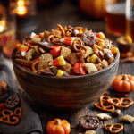 Easy fall snack mix with Chex, Bugles, pretzels, and Halloween candy in rustic bowl