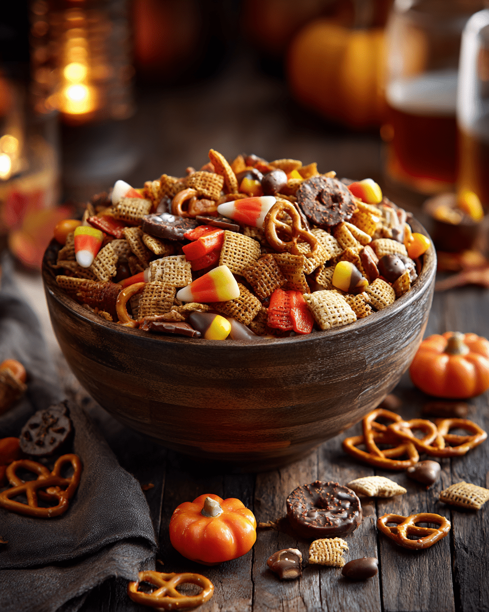 Easy fall snack mix with Chex, Bugles, pretzels, and Halloween candy in rustic bowl