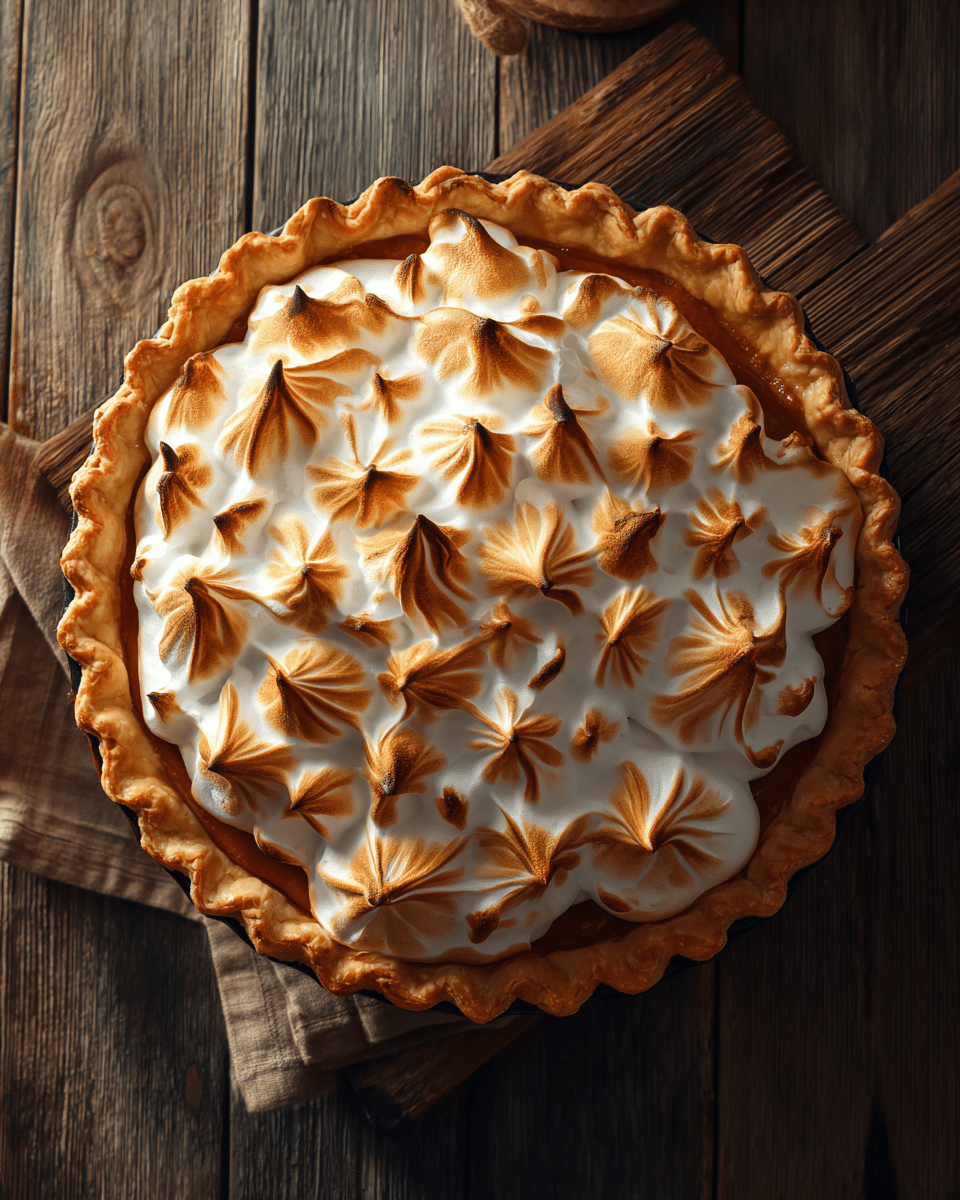Fluffy meringue-topped sweet potato pie with golden peaks