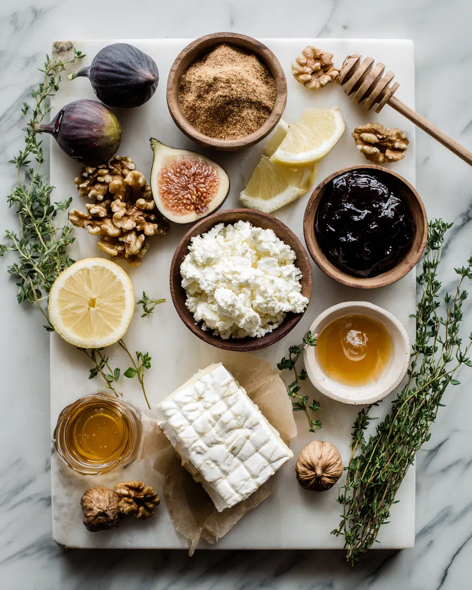 Ingredients for goat cheese and fig tarts on marble board