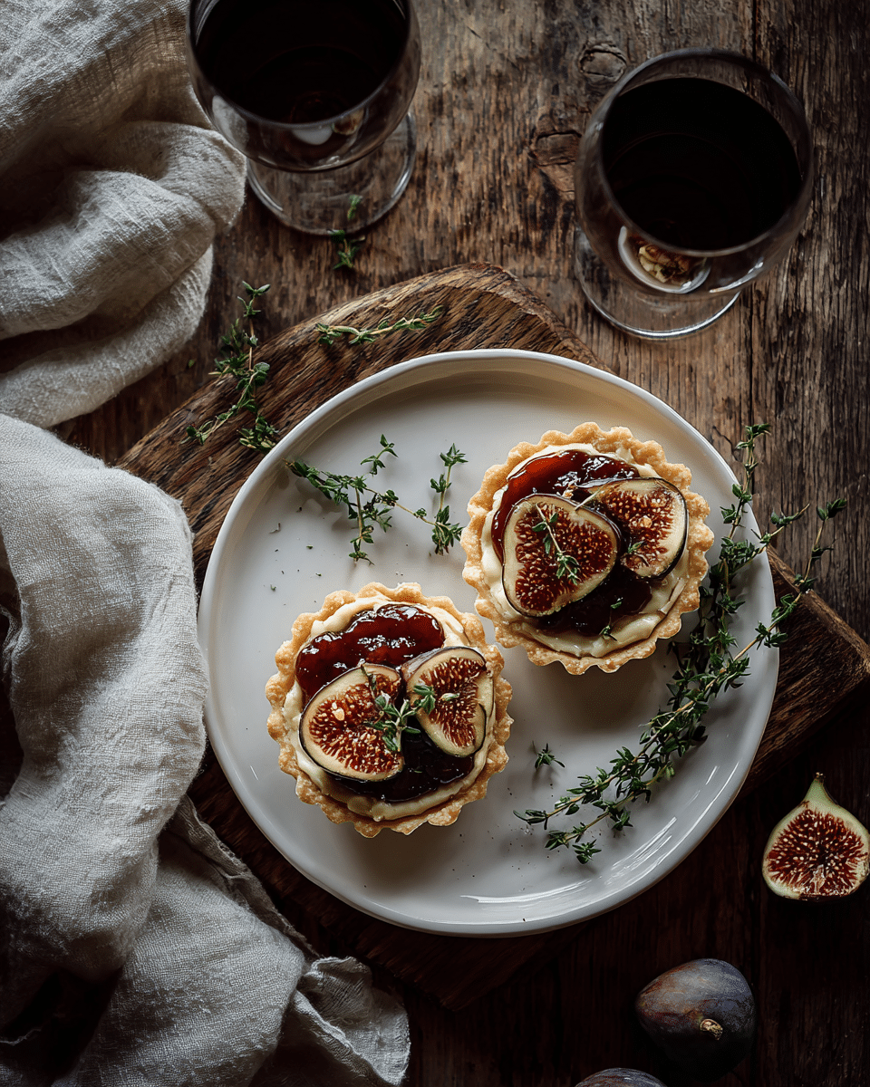 Goat cheese fig tarts on platter with wine