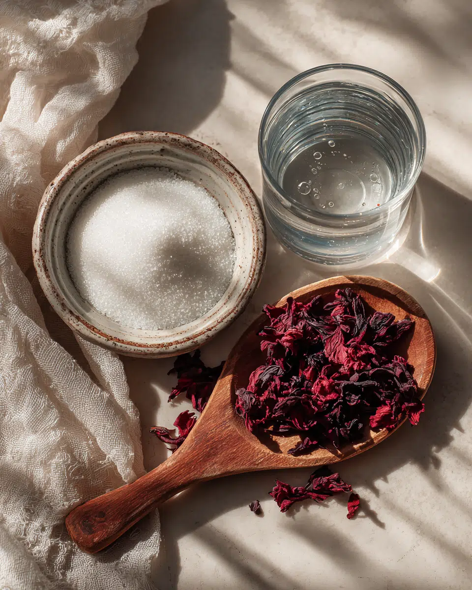 Hibiscus syrup ingredients – sugar, hibiscus flowers, water
