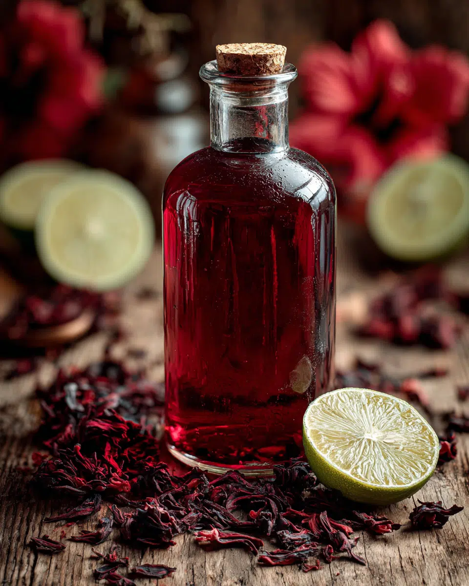 Hibiscus syrup recipe in a glass bottle with dried flowers