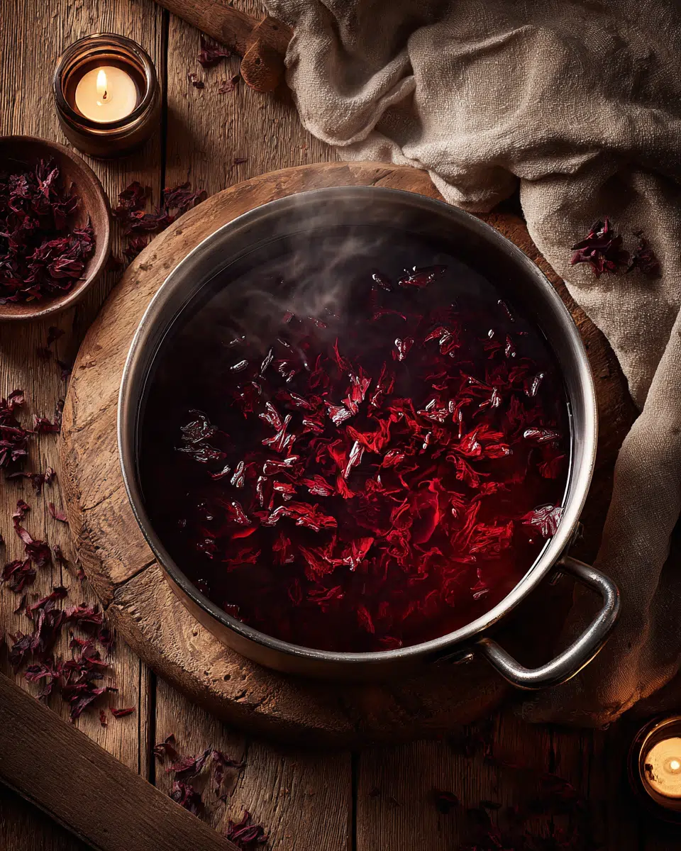 Hibiscus syrup steeping in saucepan with vibrant color