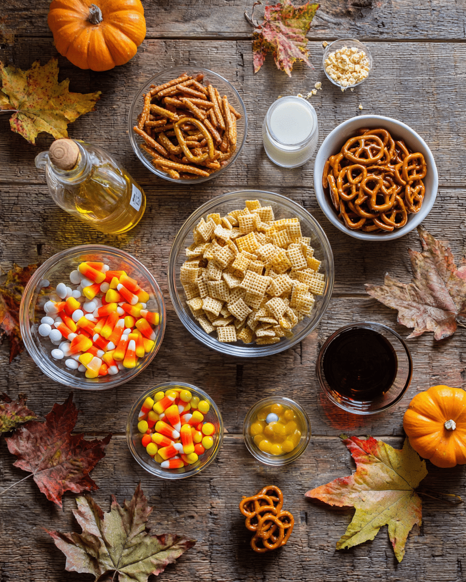 Ingredients for easy fall snack mix laid out on a wood counter