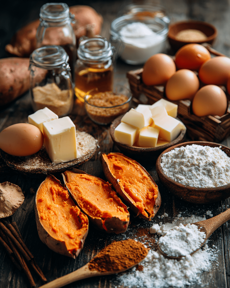Key ingredients for sweet potato pie including roasted sweet potatoes, butter, eggs, sugar and spices