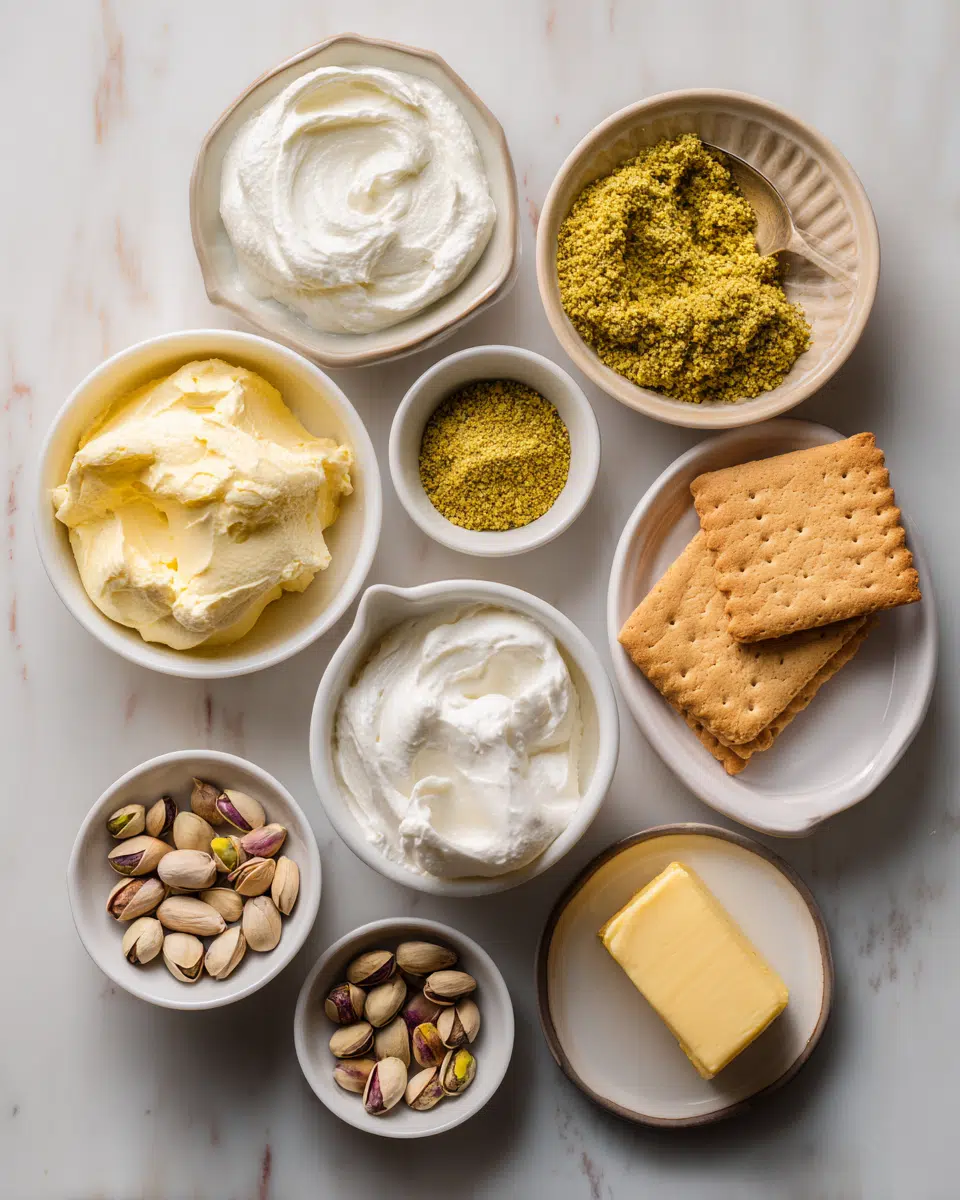 ingredients for no-bake mini pistachio cheesecakes arranged on a counter