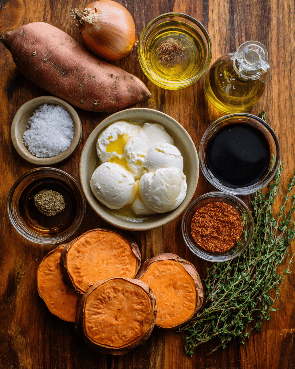Ingredients for Sweet Potato Burrata Minis including sweet potatoes, burrata, honey, and herbs