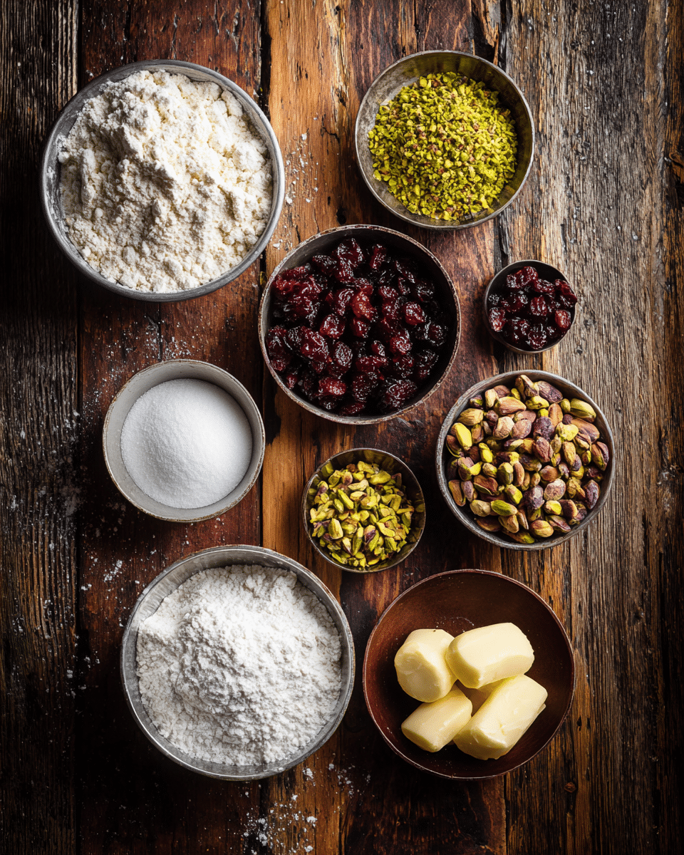 Ingredients for cranberry pistachio cookies in prep bowls
