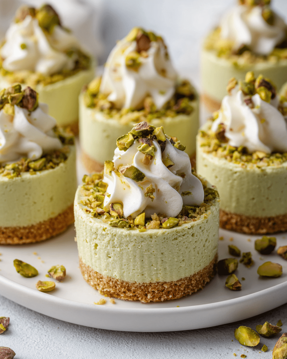 no-bake mini pistachio cheesecakes on a white plate