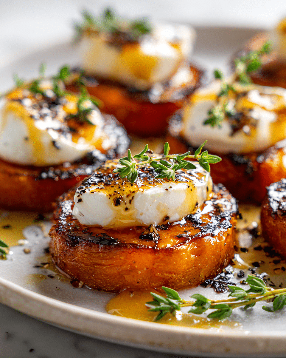Sweet Potato Burrata Minis on wooden board with honey drizzle and herbs