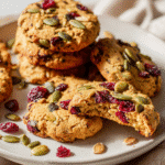 Pumpkin seed cranberry cookies piled on parchment