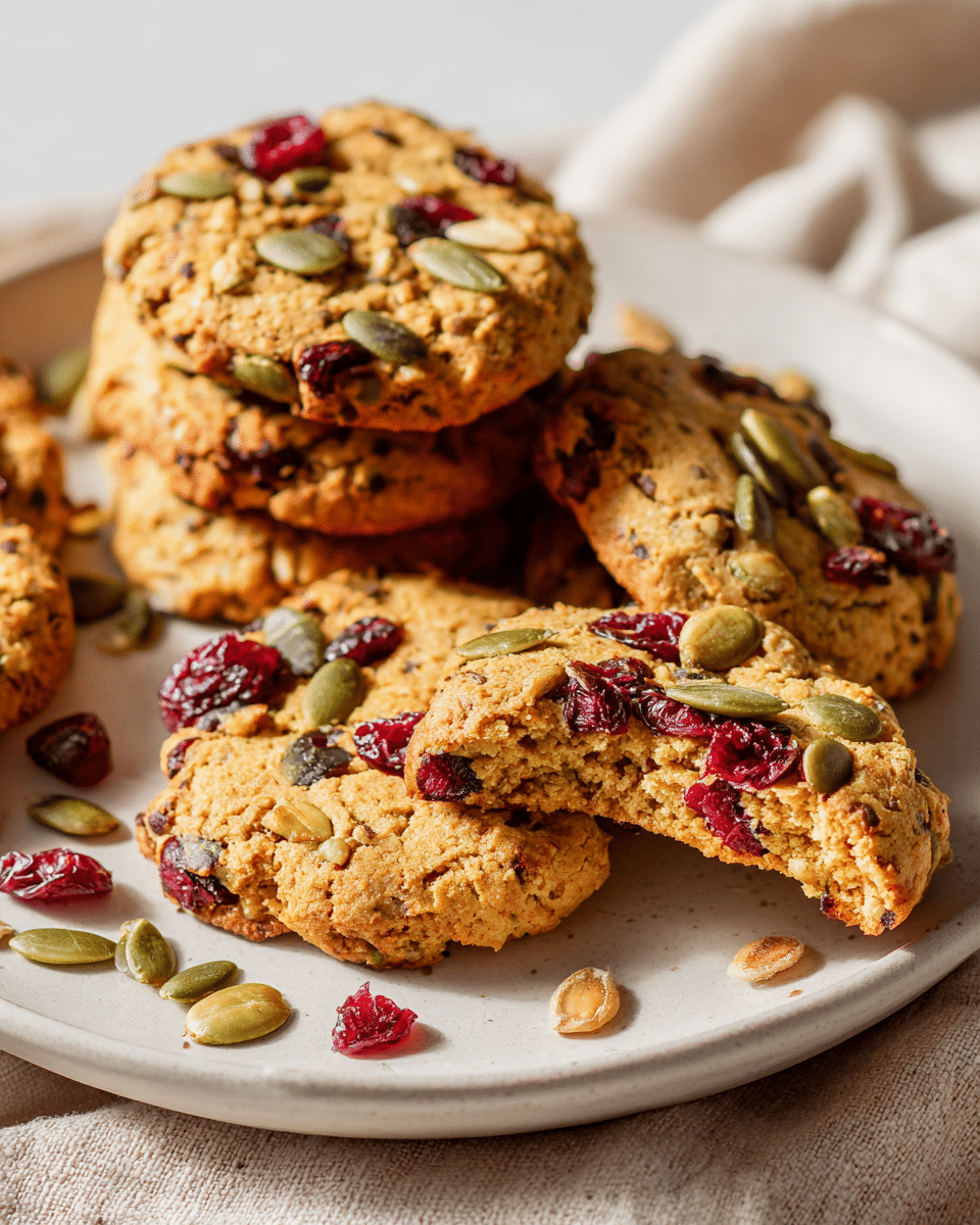 Pumpkin seed cranberry cookies piled on parchment