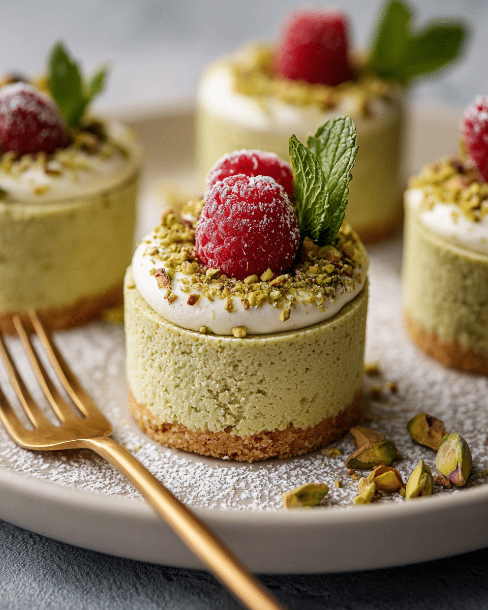 plated no-bake mini pistachio cheesecake with raspberry and mint