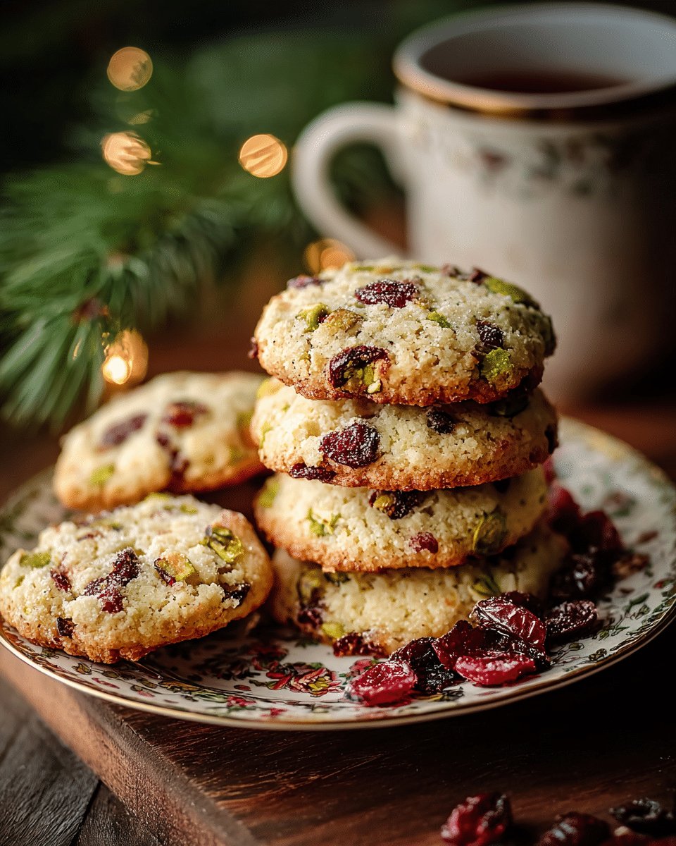 Cranberry pistachio cookies served with hot tea