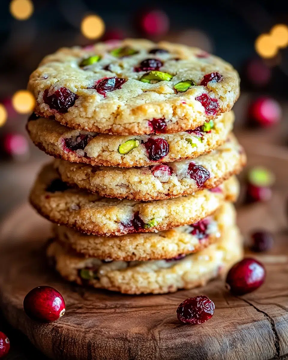 Cranberry pistachio cookies with golden edges and vibrant colors