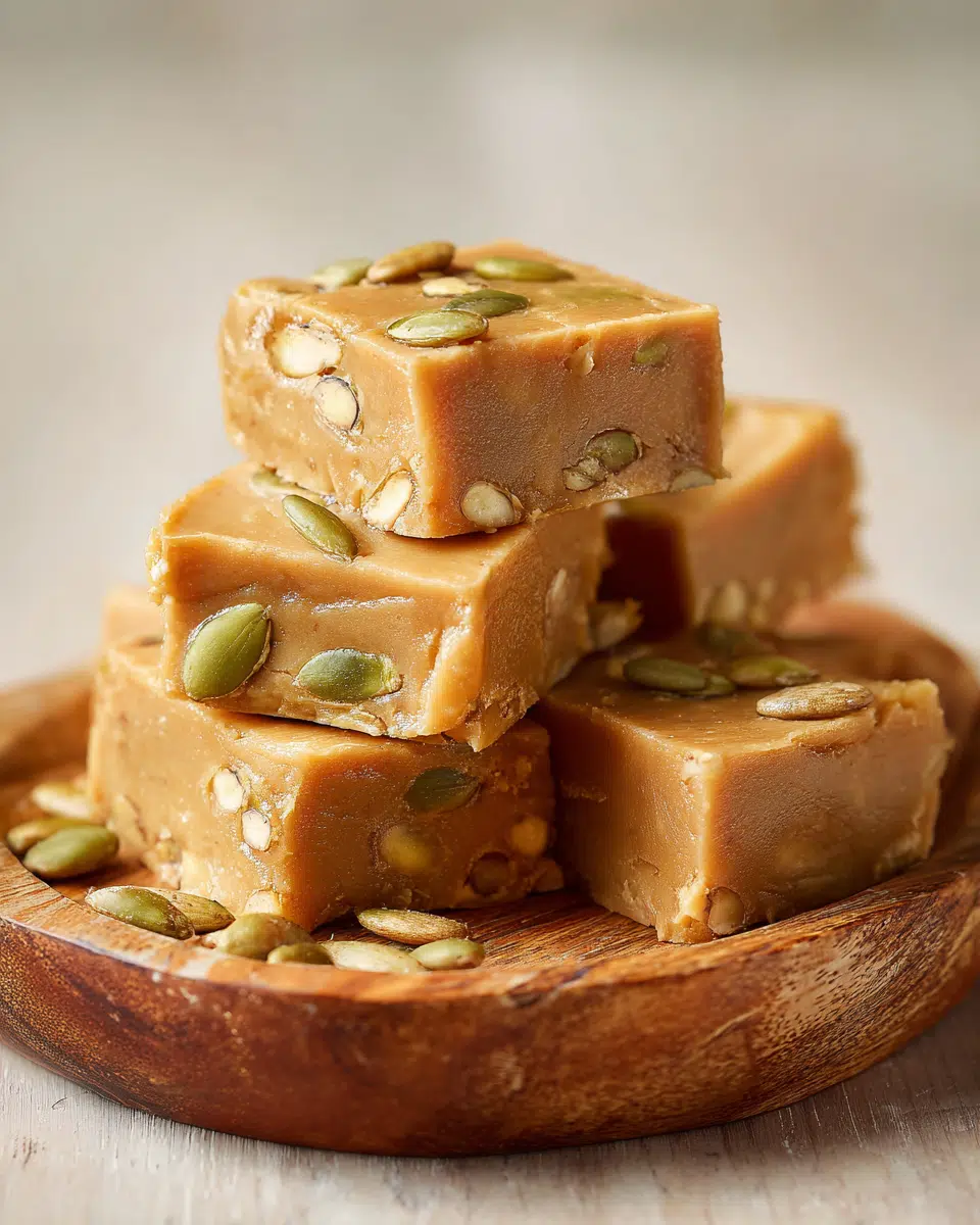 maple pumpkin seed fudge on a wooden plate