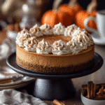 No-bake pumpkin cheesecake with gingersnap crust on a wooden table