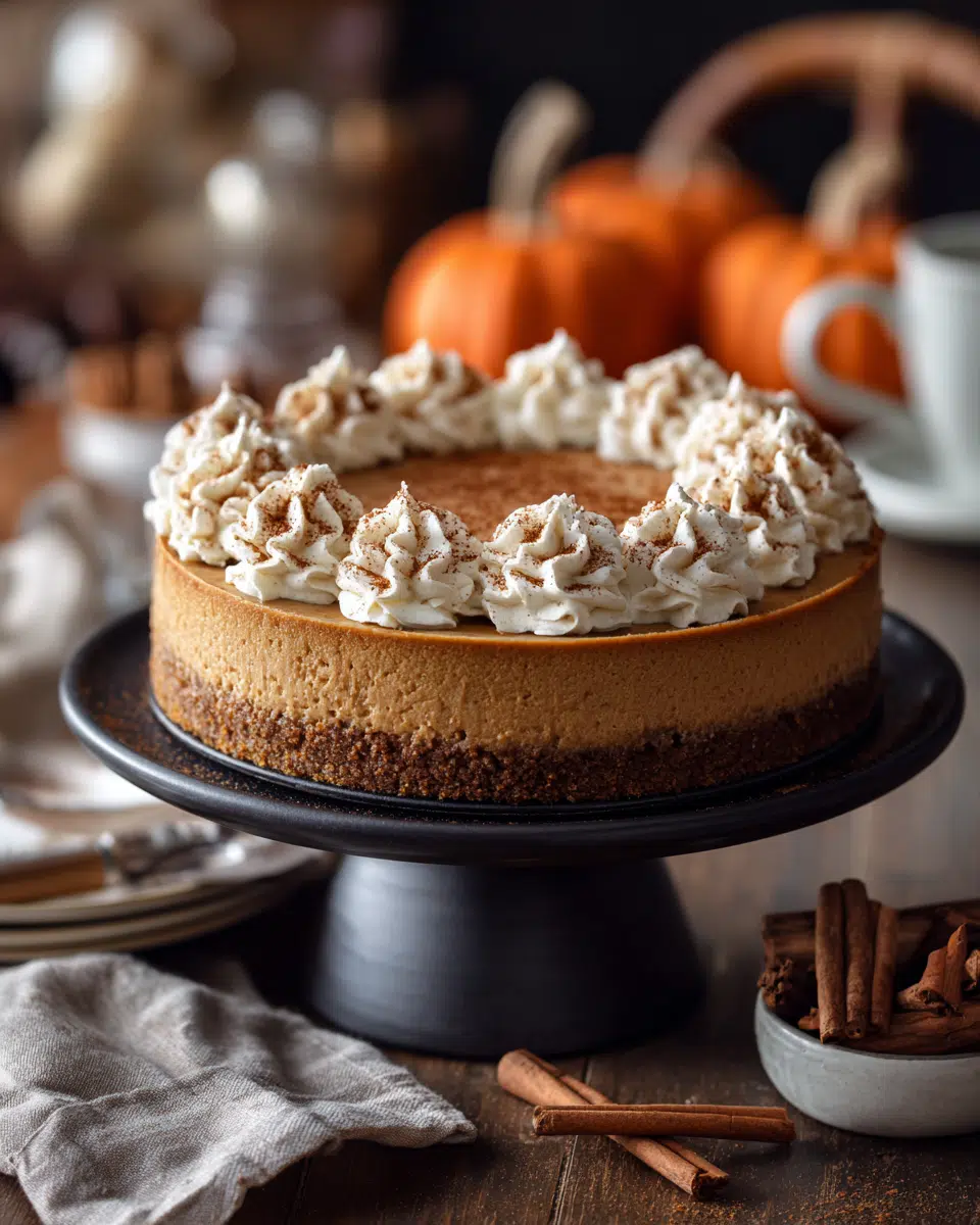 No-bake pumpkin cheesecake with gingersnap crust on a wooden table