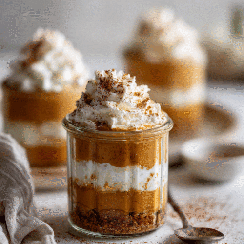 No bake pumpkin cheesecake jars with whipped cream topping