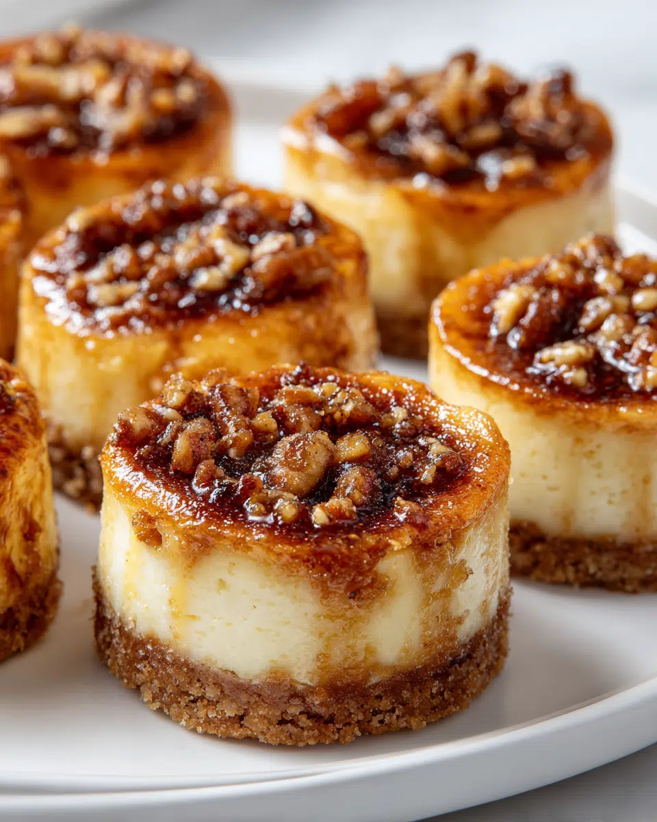Pecan Crème Brûlée Cheesecake Minis with caramelized sugar and pecans