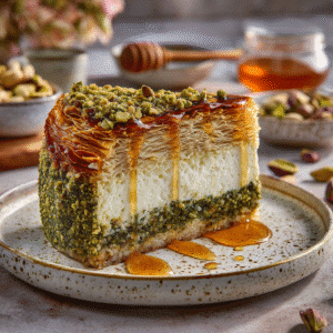 Served slice of baklava cheesecake with pistachio topping and whipped cream