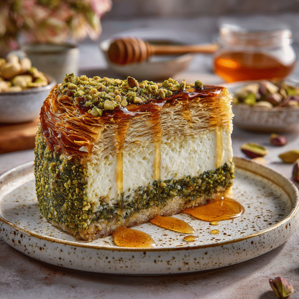 Served slice of baklava cheesecake with pistachio topping and whipped cream