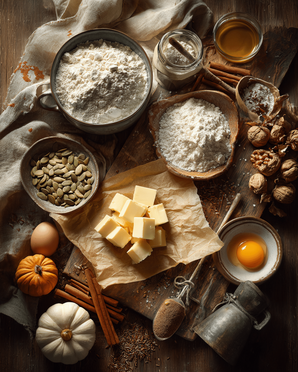 Ingredients for pumpkin seed shortbread cookies on a countertop