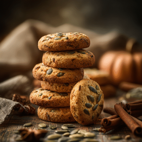 Pumpkin seed shortbread cookies stacked on wooden board
