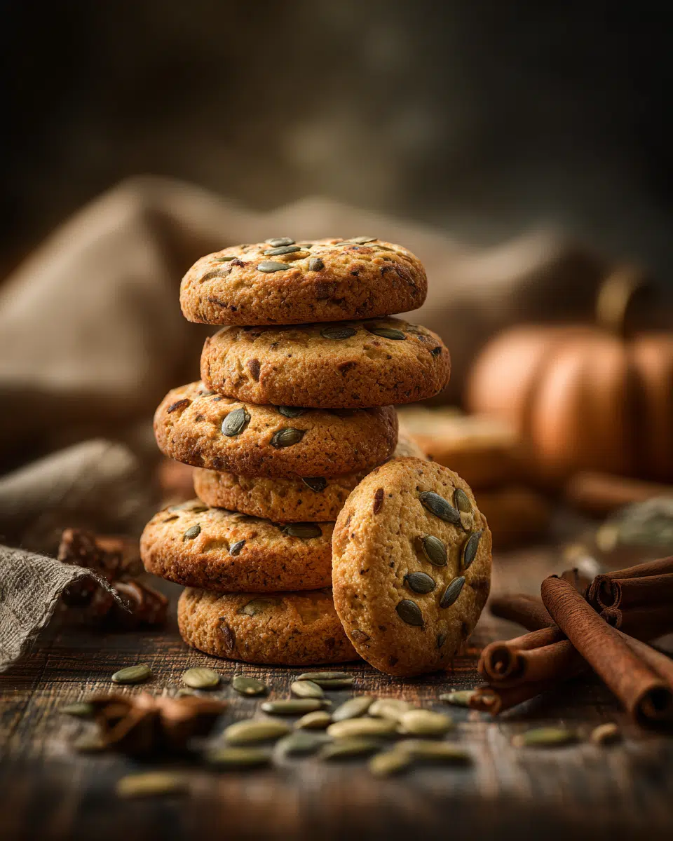 Pumpkin seed shortbread cookies stacked on wooden board