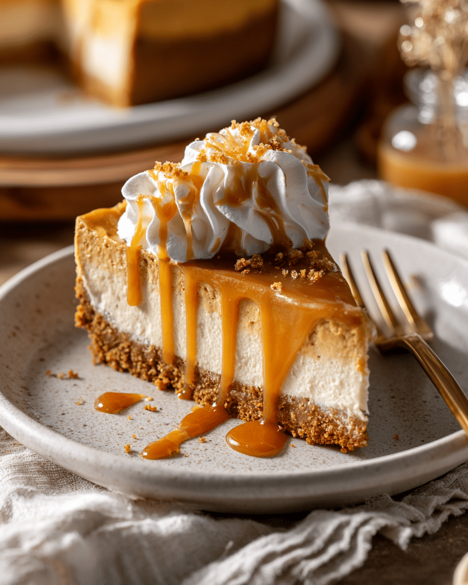 Slice of no‑bake pumpkin cheesecake plated with caramel drizzle