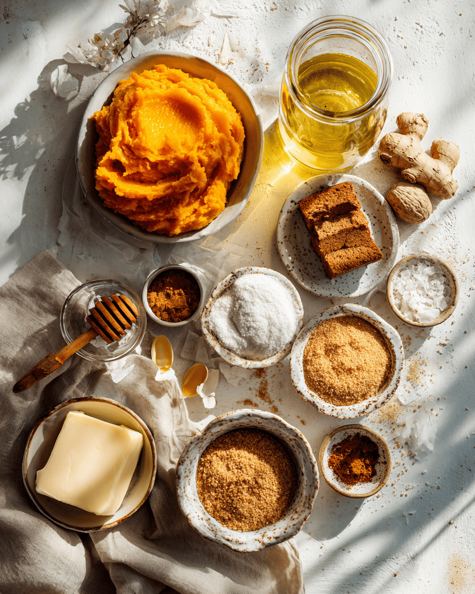 Ingredients for no‑bake pumpkin cheesecake laid out