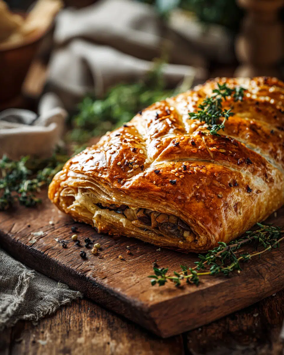 Savory Mushroom Wellington whole on board