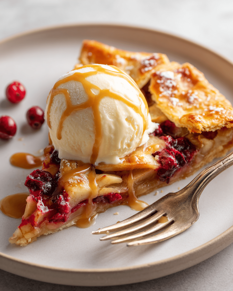 Slice of Apple Cranberry Galette served with vanilla ice cream and caramel drizzle