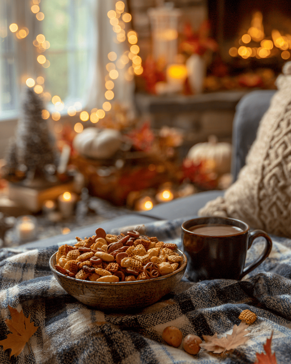 Cozy fall snack mix served in a bowl next to cocoa and autumn decor