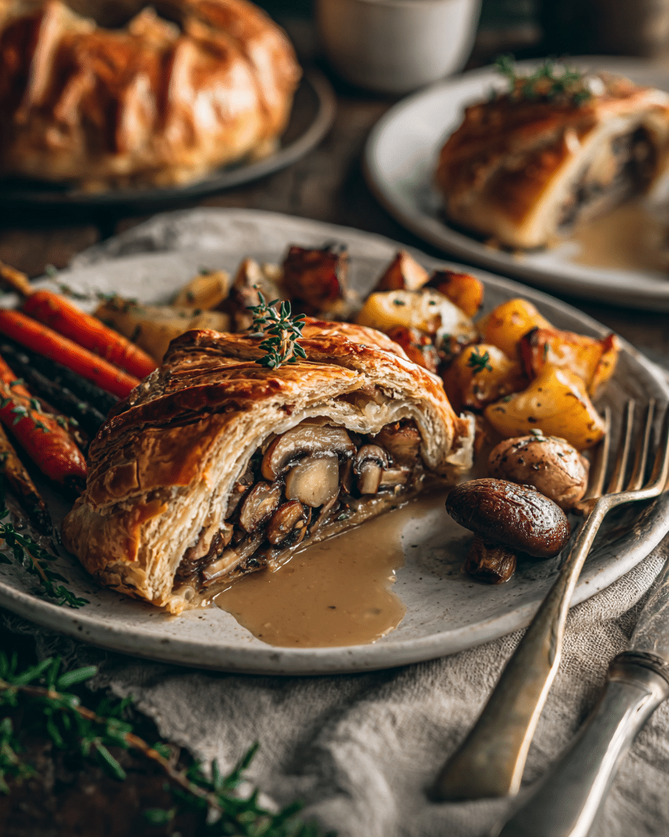 Served slice of mushroom Wellington with sides