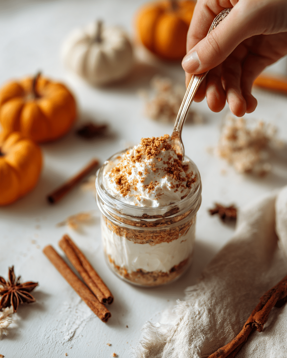 Serving a jar of pumpkin cheesecake in autumn setting