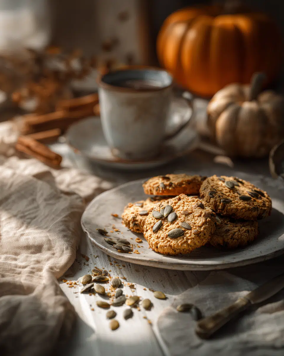 Pumpkin seed shortbread cookies served with tea
