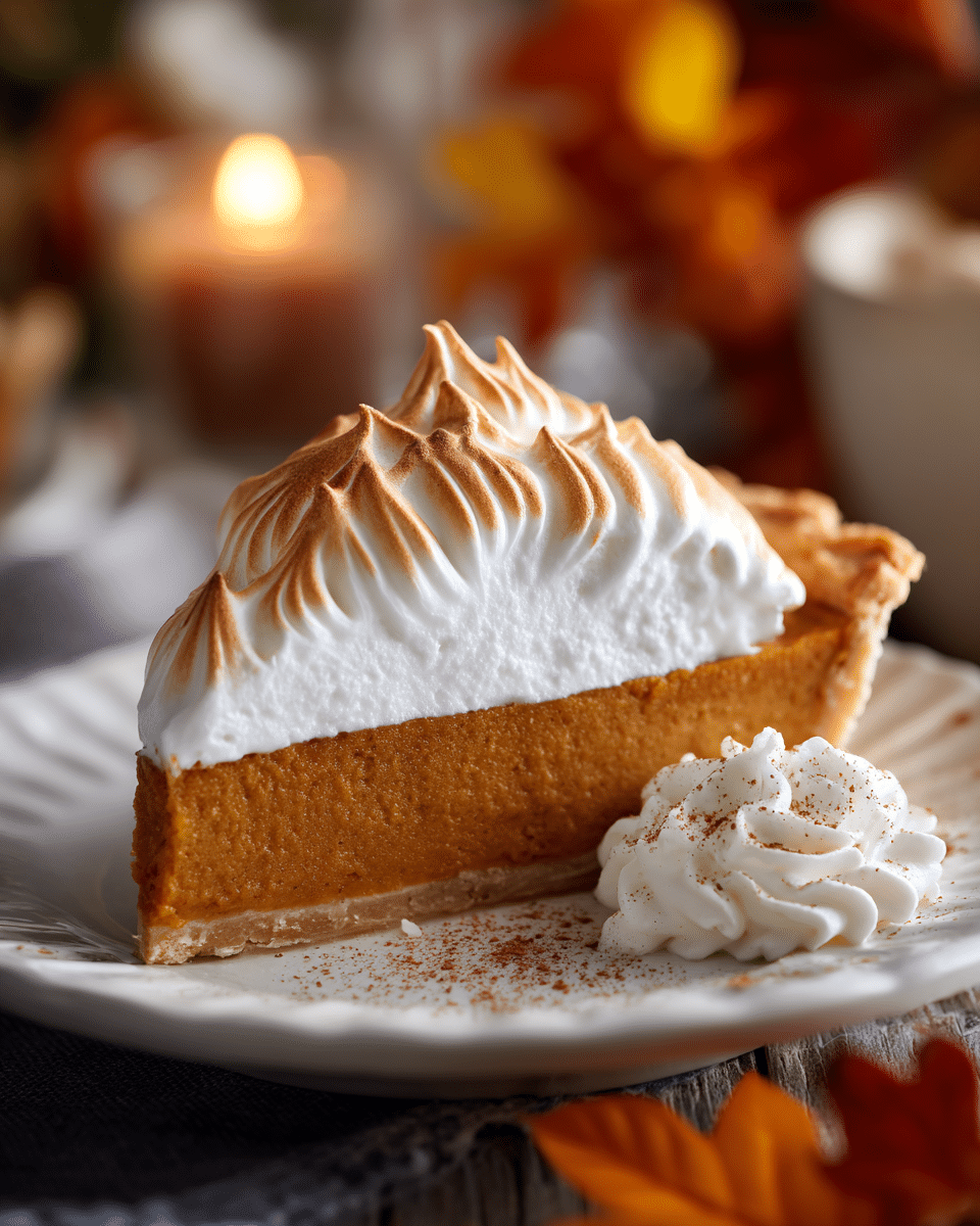 Slice of sweet potato pie served with golden meringue peak and garnish