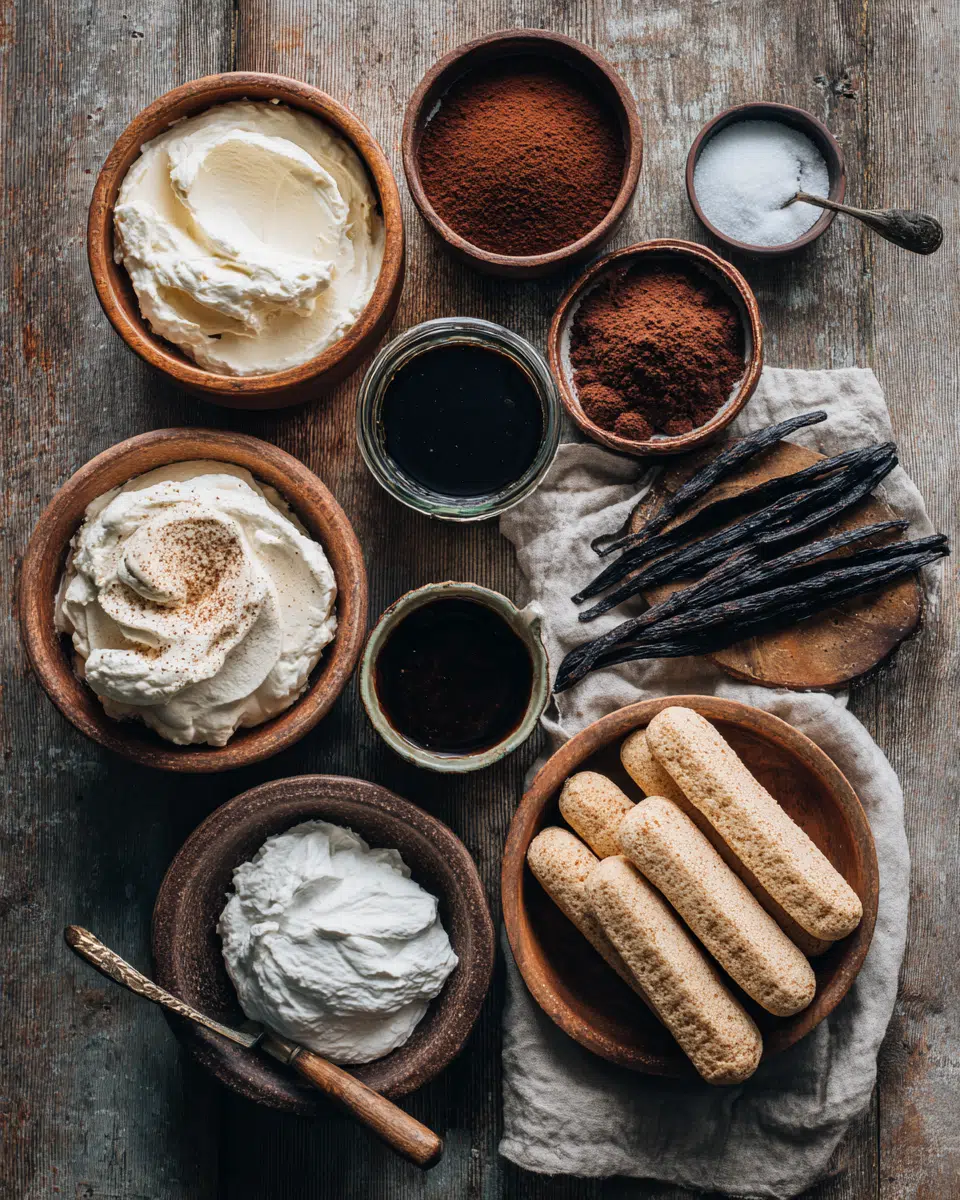 Ingredients for Cocoa-Dusted Tiramisu Domes including mascarpone, espresso, and cocoa