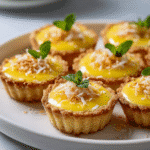 plated passionfruit tarts with coconut and mint garnish