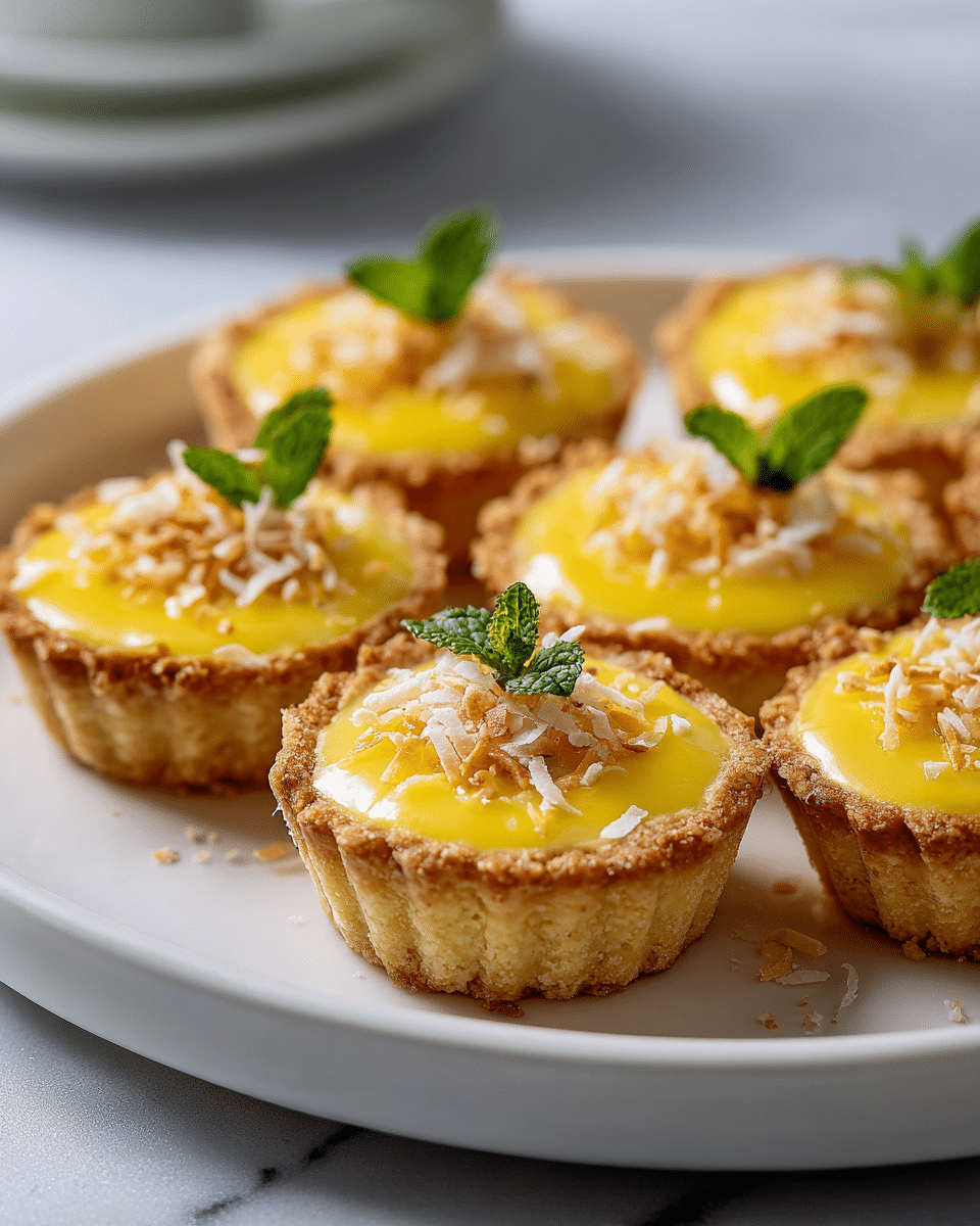 plated passionfruit tarts with coconut and mint garnish