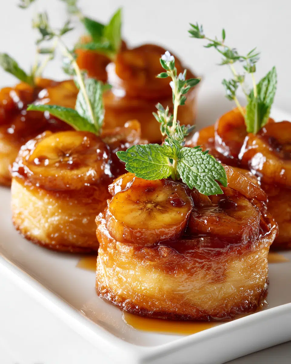 Upside-Down Banana Tarte Tatin Bites dessert with caramelized bananas.