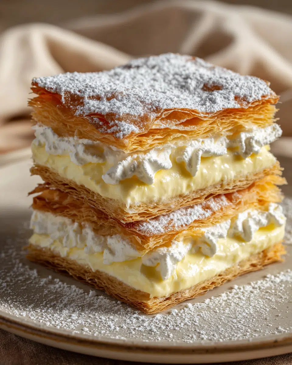 Vanilla Dream Custard Squares dusted with powdered sugar