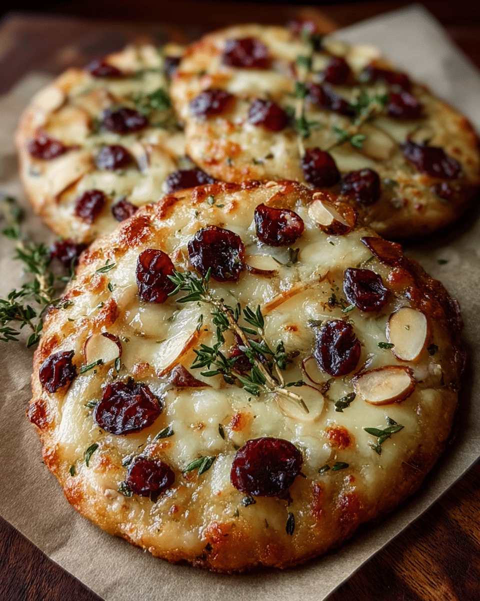 brie and cranberry flatbreads on rustic table
