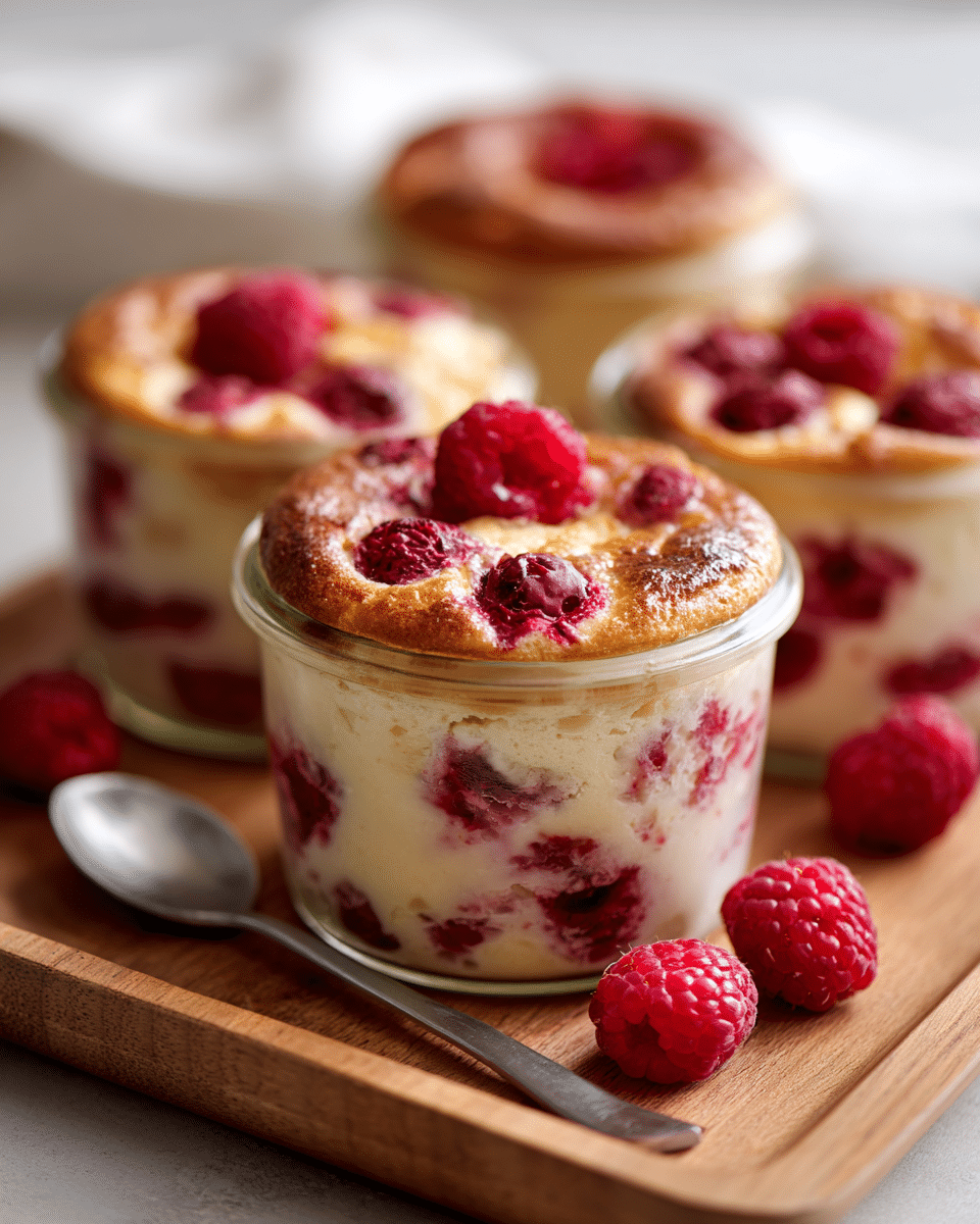 Freshly baked raspberry cottage cheese cup in white ramekin with warm raspberries and honey drizzle.